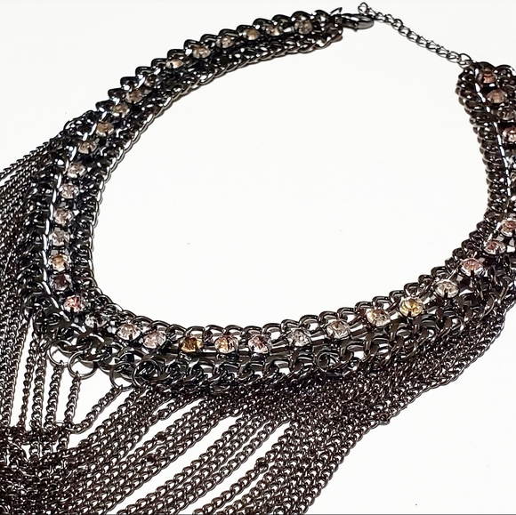 Necklace: Edgy Looking Multi Strand Chain with Crystals Gunmetal Color - Picture 8 of 8